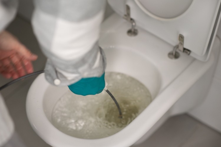 Plumber fixing blocked toilet